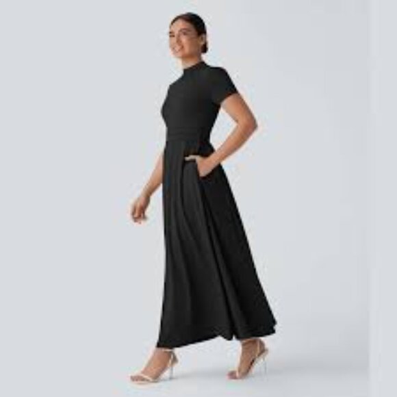 26-NWT HALARA STAND COLLAR SHORT SLEEVE POCKET FLARE MAXI CASUAL DRESS - Picture 4 of 4